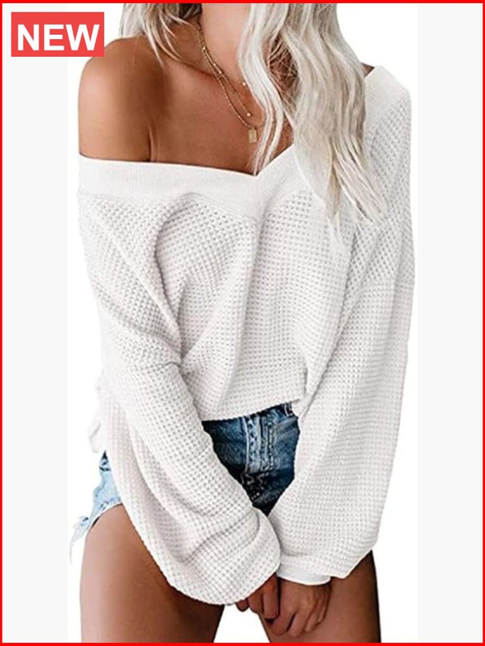 V Neck Long Sleeve Waffle Knit Off Shoulder Oversized Pullover Sweater - Picture 1 of 7